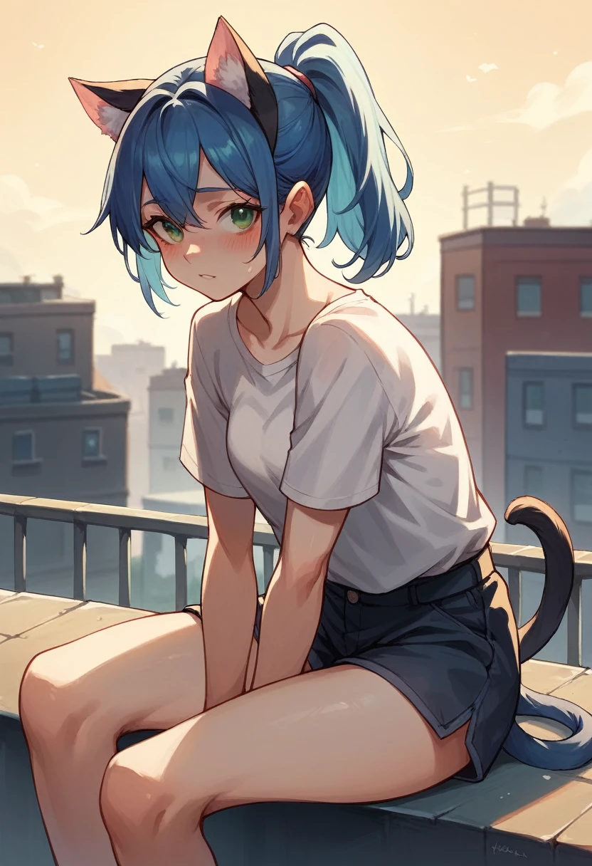 Woman, short blue hair, ponytail, cat ears, green eyes, blushing, sitting on the roof