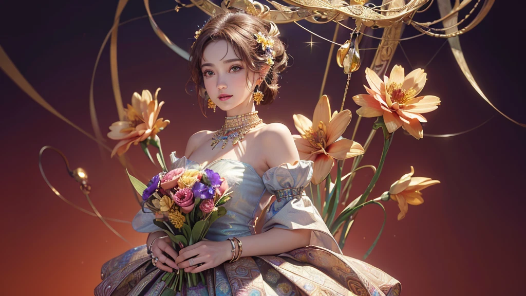 32K, 最高quality, 最高masterpiece, (ultra-Detailed Background, Detailed Background), High resolution, Super detailed, Very detailedな, One girl, (bouquet:1.3), (Tangled:1.2), (Geometric:1.2),(colorful),(masterpiece, quality, best quality, Official Art, Beautiful and beautiful:1.2), (1 girl:1.3), Very detailed,(colorful:1.1)(Flowers:1.3),Most detailed,(Tangled:1.2), whole body, (Abstract background:1.3), (Skin glows), (Many colors:1.4), ,(Earrings Jewelry:1.5), Pale Red Background,