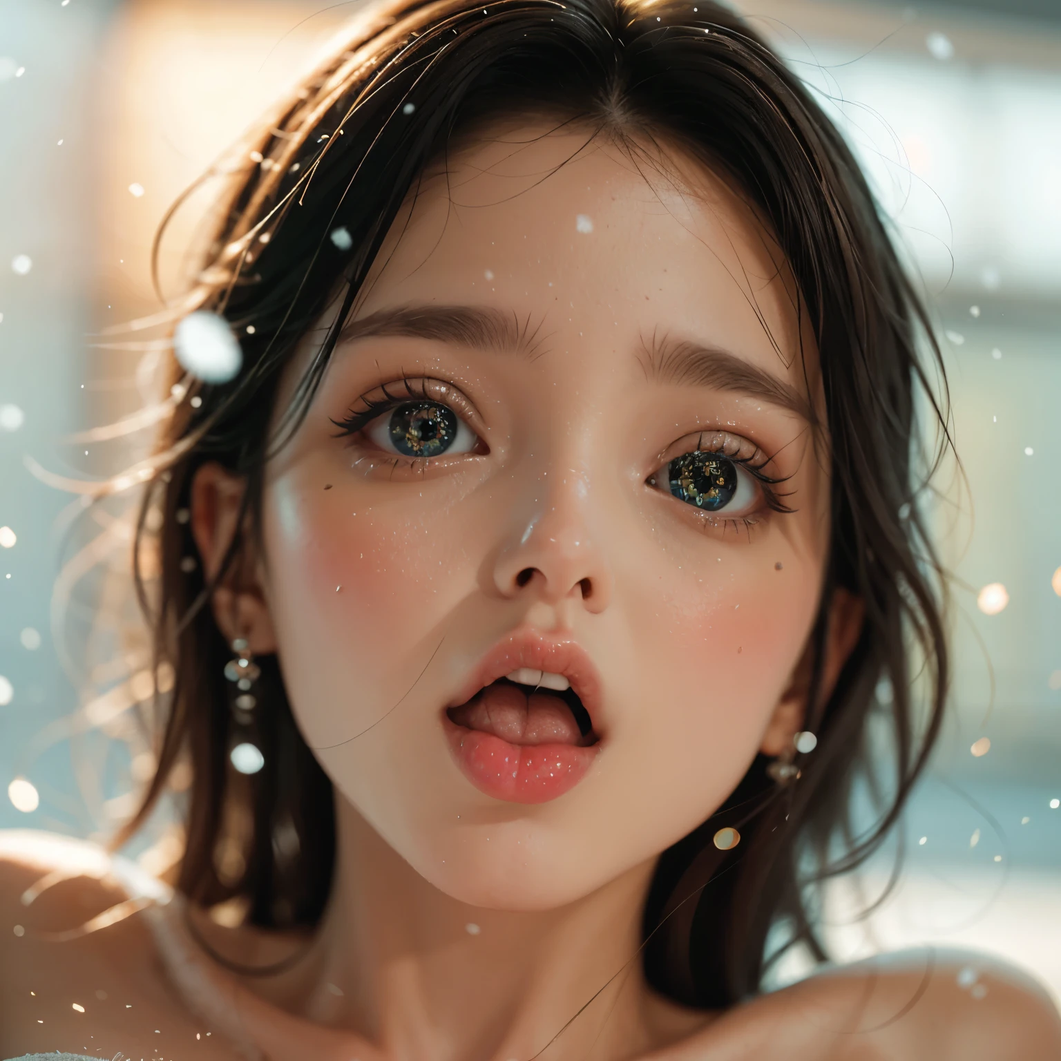 ExtremelyDetailed Kawaii girl Face,(Close-up big lips), glossy lips with beautiful details, Coquettish tongue, Kissing to camera, towards the viewer, 8K TopQuality masterpiece,an extremely delicate and beautiful (ProfessionalPhoto:1.37), {Amazing|finely detail|official art|incredibly absurdres},ultra-detailed close-up shot, close up, (fish eye lens), wide lens, macro lens, Detailed reflective Eyes ElaboratePupils with (sparkling highlights:1.28) (Delicate Voluminous LongEyelashes:0.88), {(Tilted face)|Visible back of throat|saliva drips|????? shoulder}, (Dripping juice on tongue:1.11) snow particles
