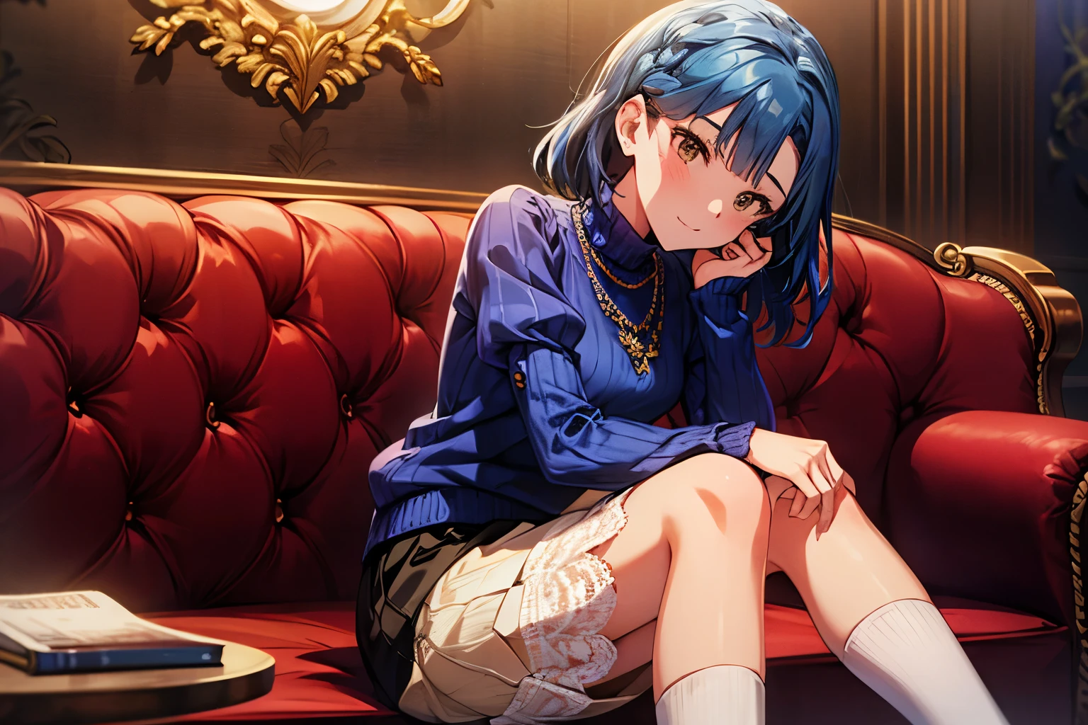yuriko nanao (million live), 1 girl, Solo, Best Quality, masterpiece, 8K, High resolution, Ultra-detailed, madeon, sitting on the couch, her feet on the couch, blue sweater, high neck sweater, puffy sleeves, short sleeves, necklace, long skirt, (((lacy skirt, white skirt))), white pumps, in hotel, 