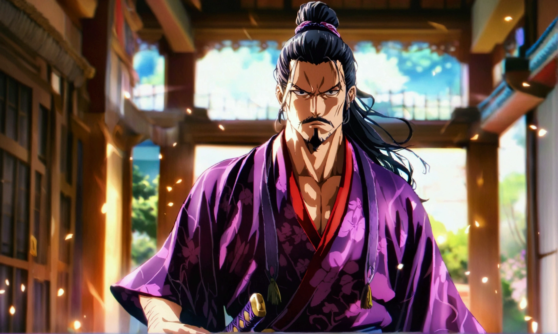 Mature man, long hair ponytail, goatee, black eyes, red dress shirt, black dress pants, serious expression, purple katana, dojo background, "Anime character design inspired by One Piece, full of dramatic and impressive lighting, focus on the centralized character, impressive face, full of creative details, ultra-fine 4K design, scenery bathed in creativity, boasting 2D anime resolution clarity, HD anime graphics, high-octane rendering"