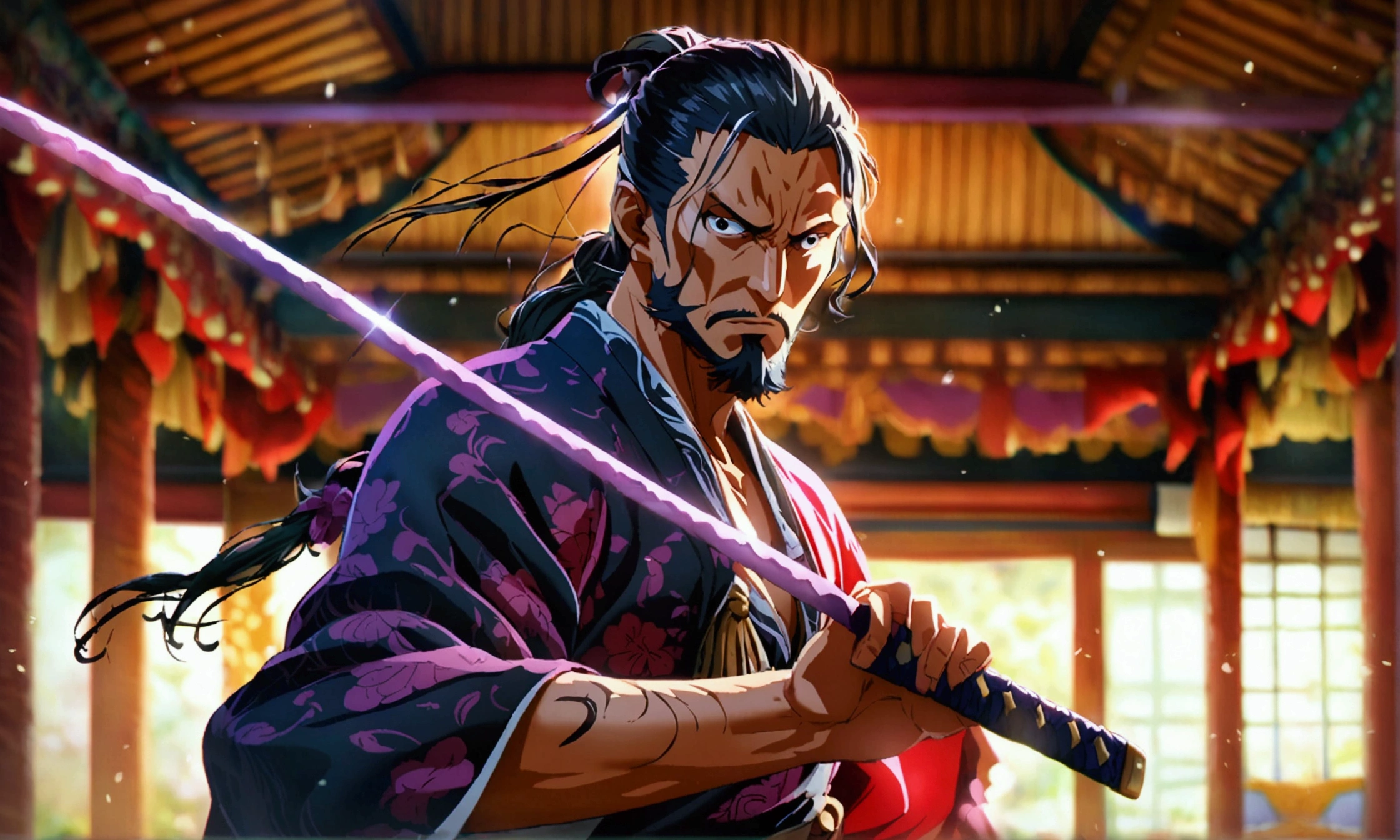 Mature man, long hair ponytail, goatee, black eyes, red dress shirt, black dress pants, serious expression, purple katana, dojo background, "Anime character design inspired by One Piece, full of dramatic and impressive lighting, focus on the centralized character, impressive face, full of creative details, ultra-fine 4K design, scenery bathed in creativity, boasting 2D anime resolution clarity, HD anime graphics, high-octane rendering"