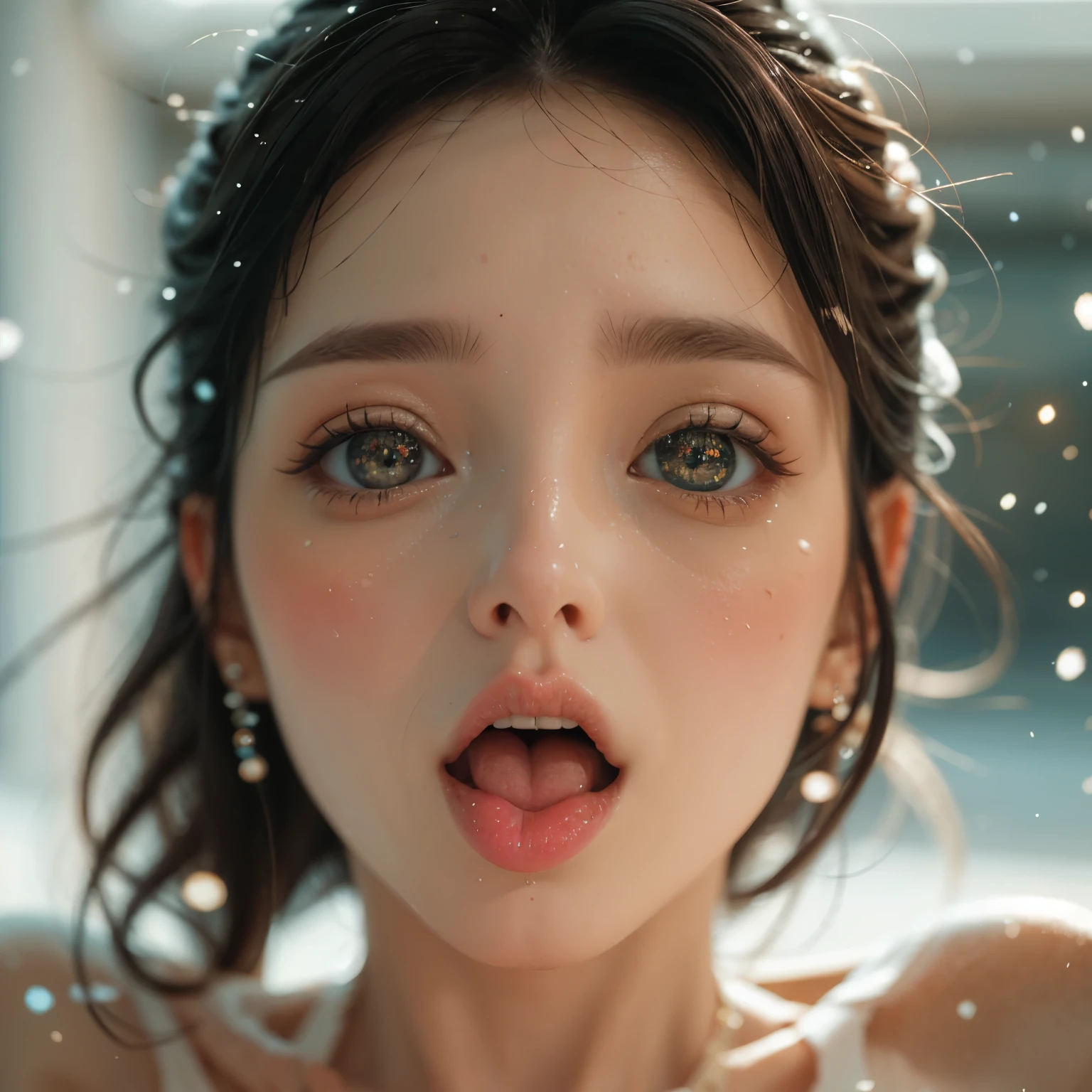 ExtremelyDetailed Kawaii girl Face,(Close-up big lips), glossy lips with beautiful details, Coquettish tongue, Kissing to camera, towards the viewer, 8K TopQuality masterpiece,an extremely delicate and beautiful (ProfessionalPhoto:1.37), {Amazing|finely detail|official art|incredibly absurdres},ultra-detailed close-up shot, close up, (fish eye lens), wide lens, macro lens, Detailed reflective Eyes ElaboratePupils with (sparkling highlights:1.28) (Delicate Voluminous LongEyelashes:0.88), {(Tilted face)|Visible back of throat|saliva drips|naked shoulder}, (Dripping juice on tongue:1.11) snow particles