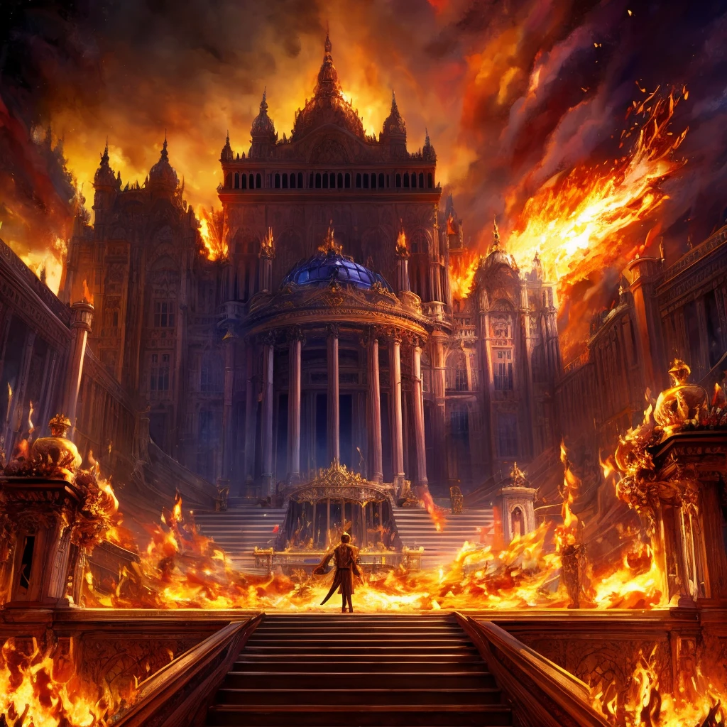 A beautiful European palace，plum bossom，suddenly exploded，Raging fire，movie time effects，Flame Effects，best picture