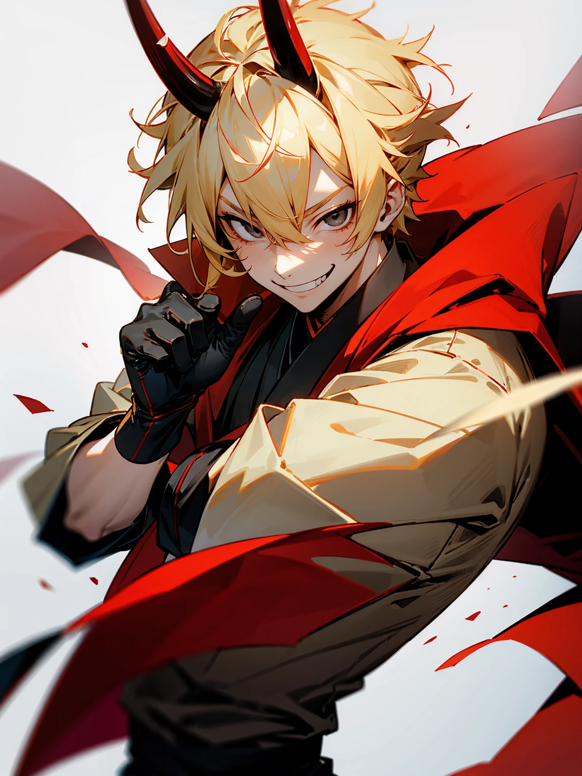 1male, blonde hair. black eyes, oni horn, red yukata, gloves, evil smile
