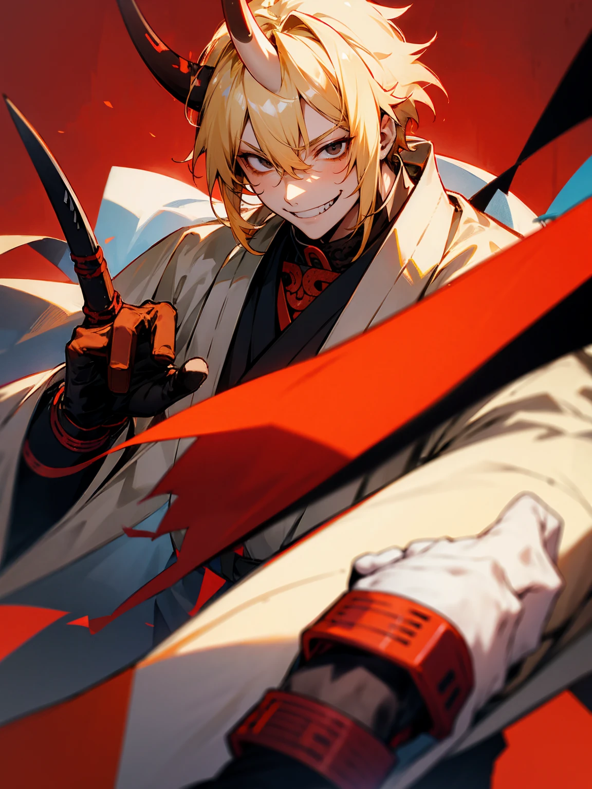 1male, blonde hair. black eyes, oni horn, red yukata, gloves, evil smile
