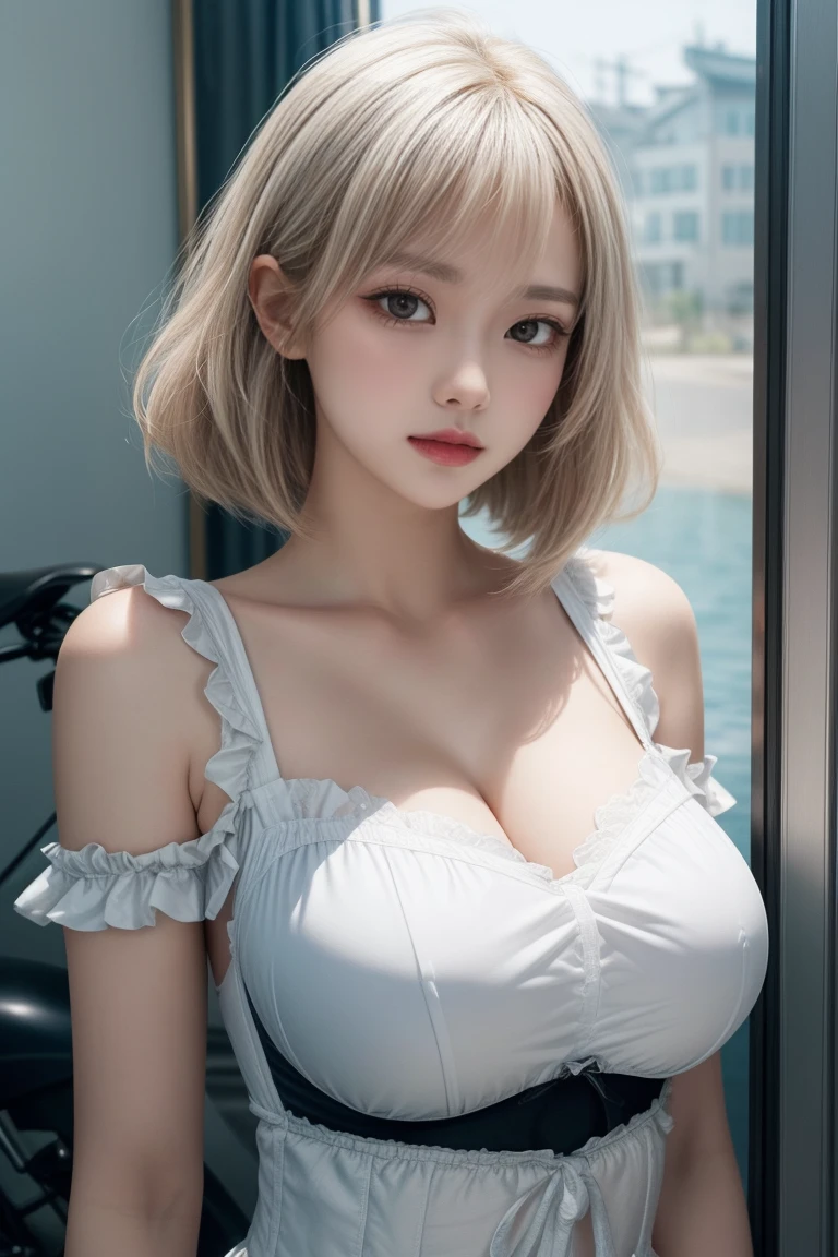 reflected light、Platinum blonde hair with dazzling highlights、Shiny Hair、Super long, Silky Hair、Beautiful shiny bangs、bright, clear, charm, large blue eye、so beautiful, A cute and adorable -yeld gi、Ample Bust、Beautiful detailed eye、 Beautiful and detailed nose,((whole body:1.5)),eyeを強調するメイク、Scattered under the surface、Glamorous details、Nature background、Super huge breasts、((Cinematic))、Dramatic lighting、(Loose and fluffy perm:1.4)、1 girl、((Bob Hair:1.3))、超Genuineな8K CG、絵に描いたようなperfectionなperfectionな顔、perfection、clean、masterpiece、Professional artwork、 Famous works of art、perfectionな顔、Beautiful Face、美しいeyeのない女性の体))、alone、(Immersive atmosphere、Claire Obscure:1.5、bright light:1.2、bright lighting)、(blush:0.5)、Captivating look、Very detailed_eye、big、Beautifully detailed backgrounds、Written boundary depth、Genuine:1.3、Long Shot、whole body、(Zhou Haoguang:1.3)、(Cinematic composition:1.3)、(Puffy eye:1.2)、(Slim legs)、(Light on face and chest)、(((((Underbust)))))、Under the chest、Oily skin、thin、 Mature Woman、Light blue hair、((bright灰色の髪))、(((Two-tone hair)))、Slender women、Cute Woman、 8K Ultra HD,Detailed face、Delicate texture, (Harley-Davidson)、(bike)、((bikeに乗った女の子))、Leather Suit、erotic、Ocean
