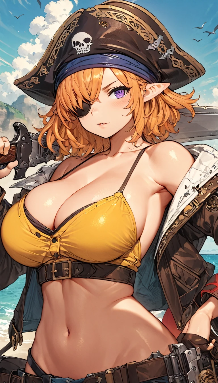 best quality,4k,8k, highres, masterpiece:1.2), ultra-detailed, extremely detailed eyes, extremely detailed body, (large masterpiece digital art), (detailed manga illustration), (detailed line art), ((perfect anatomy)), (intricate details:1.3), (ultra-detailed:1.3), (illustration:1.3), (sharp focus:1.3), (natural lighting:1.05), (vivid colors:1.3), (masterpiece), (best quality:1.4), (perfect anatomy:1.4), high quality, expressive eyes, full body, detailed face, beautiful face, perfect face, 1 girl, breast, large breast, cleavage, detailed hair, medium hair, orange hair, hair over one eye, purple eyes, eyepatch, shark girl, pointy ears, pirate, pirate hat, sharp teeth, teeth, cropped jacket, holding weapon, gunblade, gun, midriff, asymmetrical pants, gloves, curvy, yellow shirt, jewelry, Intricate, High Detail, Sharp focus, dramatic, cinematic lighting, dramatic atmosphere, (((coastline background))), soft bokeh of beach,