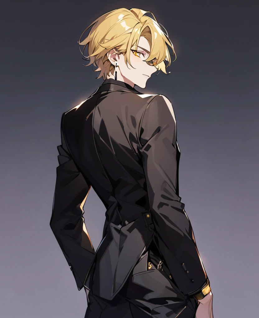 handsome, solo, 1 male, cowboy shot，simple background,sparkling yellow eyes，pierces，black simple earring，Blonde short hair，all back，color sunglasses，black suit，posing，looking at Viewer