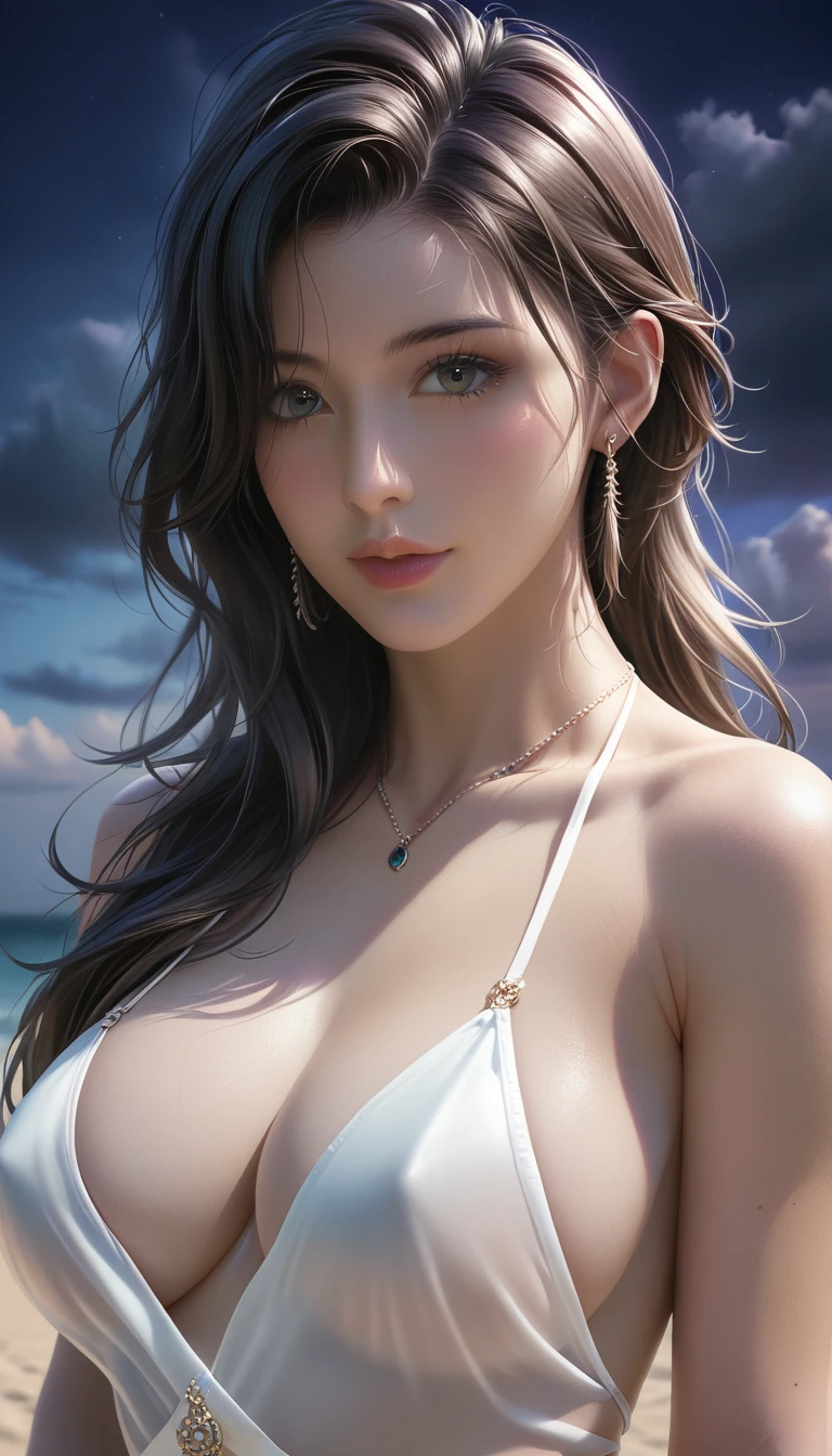 score_9, score_8_superior, score_7_superior, Masterpieces with up to 16K resolution,Highest quality,it is really amazing,Very detailed,Ultra-high resolution,(Ultra-realistic:1.1),(Realistic:1.1),Increased depth of field,Cinematic lighting,
Elegant Japanese MILF,
Long black hair,Ultra-detailed and beautiful face,Translucent white skin,Realistic skin texture,
(Elegant swimwear:1.1),
Bold design,Artistic design,Beautiful and detailed pattern,Detailed fabric texture,
Gorgeous necklace,Earrings,
(Deserted beach at night:1.4),(Dark night sky with dark clouds:1.4),
(Dramatic Angle:1.1),