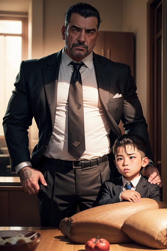 An American Mafia father attends his son&#39;s graduation ceremony，Taking a photo with my son wearing academic uniform，Behind them, there was an American Mafia man in a suit and tie, celebrating with them.，Celebrating moment，smile，American College gate in the background, Biographical films, Promotional image, High quality photos, Art work, Wim Wenders, [ drama ], 2022 , [ Movie, author：Emma Andijewska, High-quality screenshots, author：Dan Frazier, 4k static, netflix, High-quality stills, a24 ，High quality face，Clear facial features