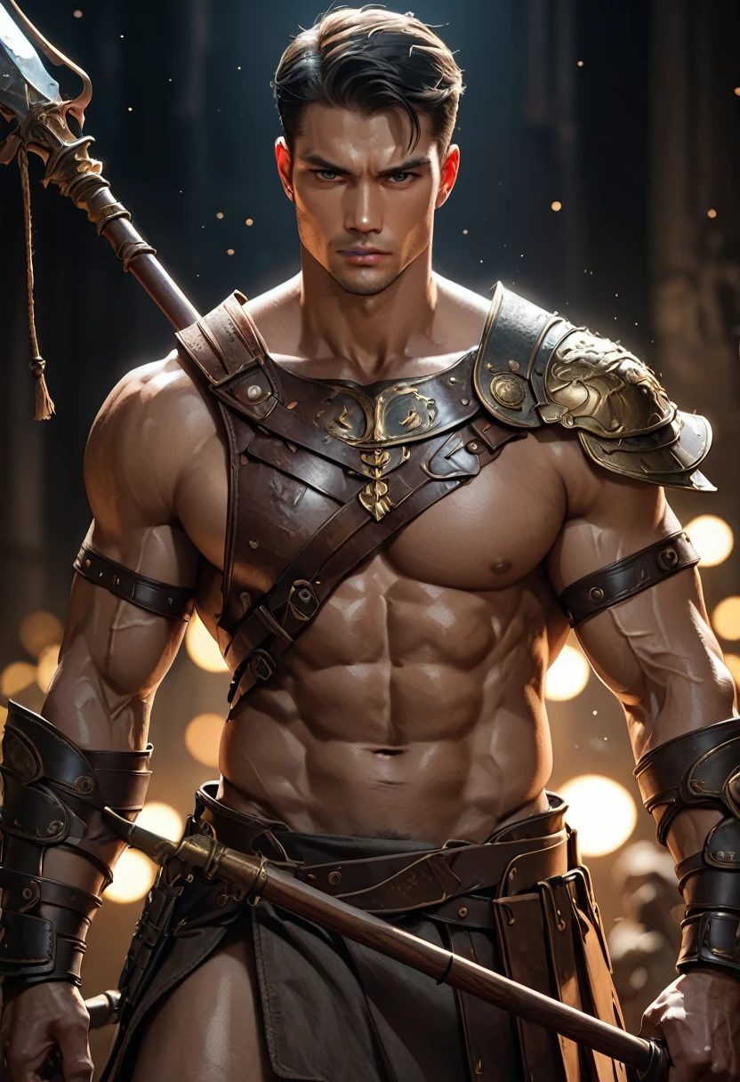 muscular, Swelling of chest muscles,Shirtless gladiator man,Rich facial features and body details, Rough brown worn leather clothing on war background, Holding a wooden spear in one hand, (best quality,4K,8K,high resolution,masterpiece:1.2),Extremely detailed,(Practical,photoPractical,photo-Practical:1.37),HDR,Ultra HD,Studio Lighting,Super Fine,Clear focus,Physically Based Rendering,Extremely detailed的描述,professional,Bright colors,Bokeh,portrait,Concept Artist,Dramatic Lighting