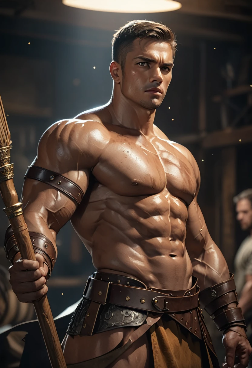 muscular, Swelling of chest muscles,Shirtless gladiator man,Rich facial features and body details, Rough brown worn leather clothing on war background, Holding a wooden spear in one hand, (best quality,4K,8K,high resolution,masterpiece:1.2),Extremely detailed,(Practical,photoPractical,photo-Practical:1.37),HDR,Ultra HD,Studio Lighting,Super Fine,Clear focus,Physically Based Rendering,Extremely detailed的描述,professional,Bright colors,Bokeh,portrait,Concept Artist,Dramatic Lighting