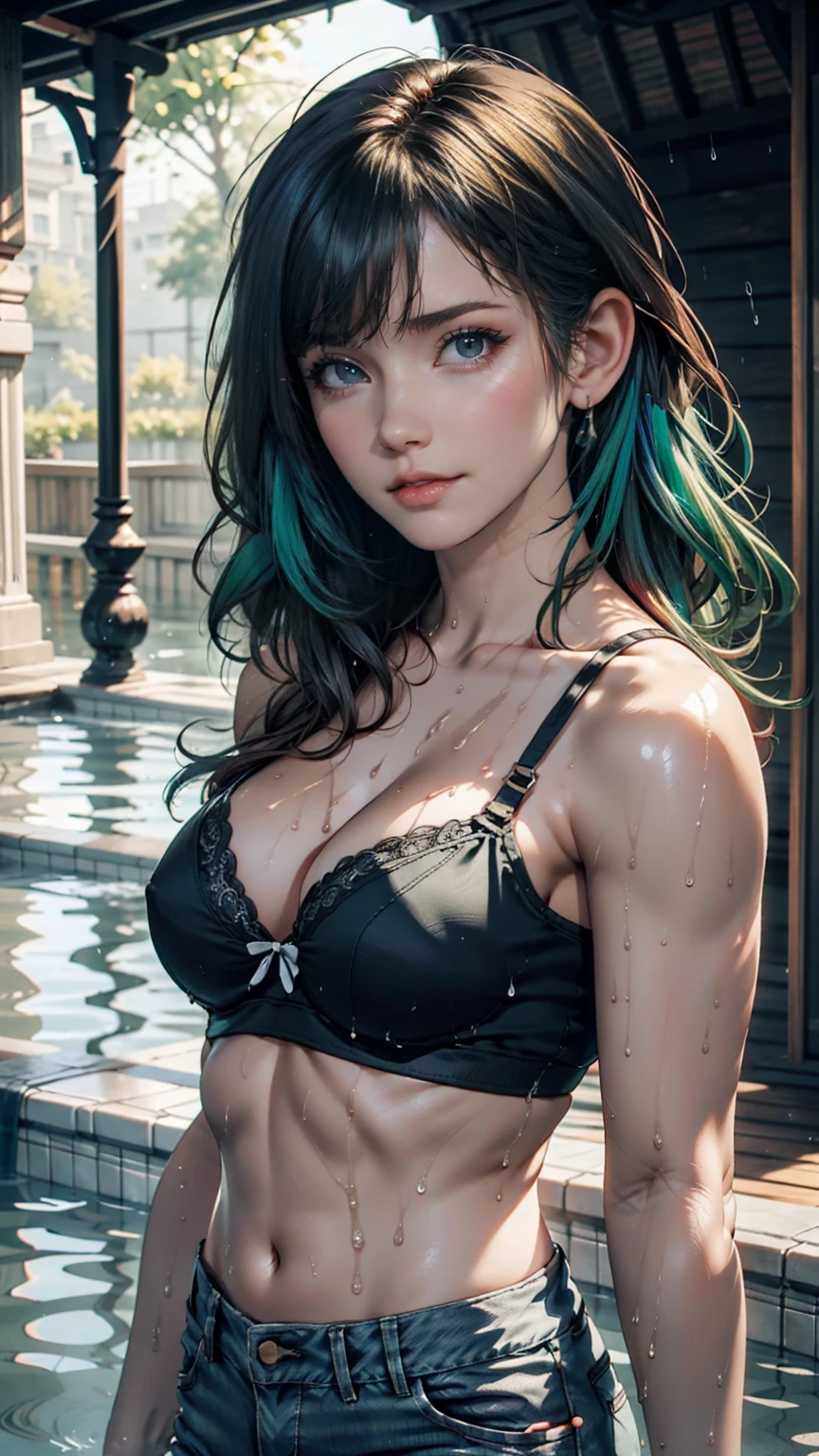 24-year-old woman、Silver Hair（Gets wet and sticks)、Green Eyes、Rainbow Hair((rainbow hair))、Sheer high neck top（水でSoaking wet、The fabric sticks to her skin, revealing her black bra)、No sleeve、mature female body、6/8 length skinny jeans、pumps、Soaking wet、Dripping Water、Pastel Green Background