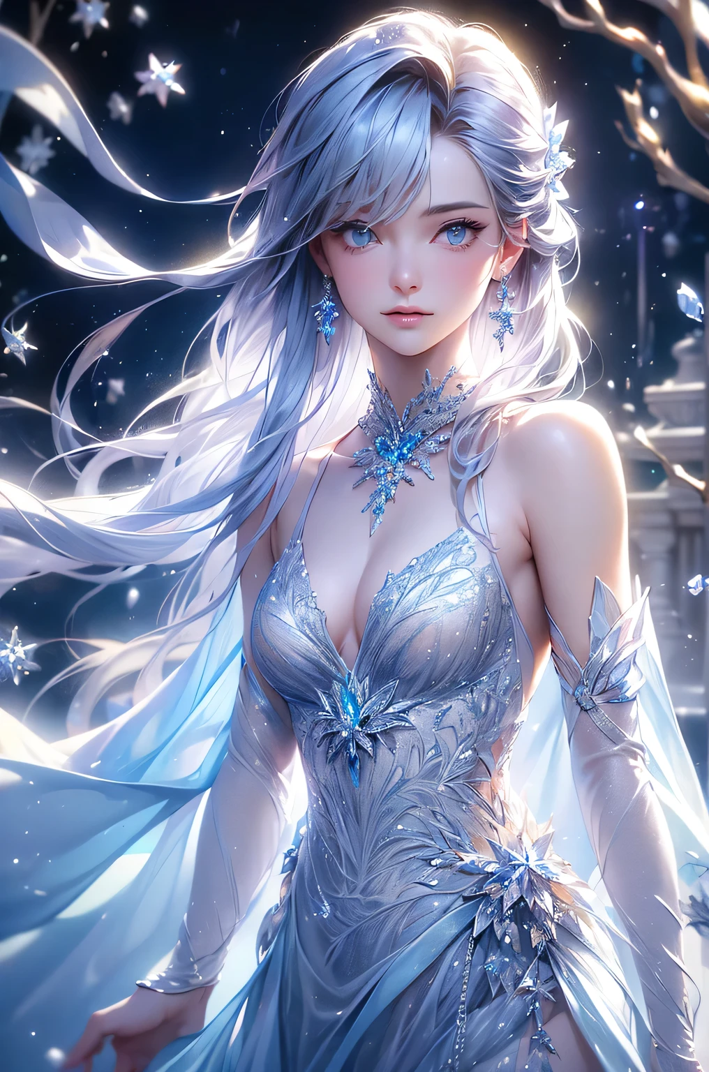 (Upper body photo:1.5)、dutch angle. wood, Exquisite mini ice spikes and crystals, A frozen waterfall in the background, Light reflected by ice crystals, Flowing snowflakes.1 girl、pretty girl,A realistic person,Beautiful cleavage,((small breasts)),Thin legs、Tight waist、standing, Long dress