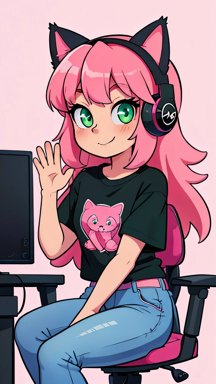 anime girl; high resolution; simple gamer room background; 1 age girl centered in image looking at viewer; sitting on pink gaming chair and waving one hand; closed mouth smile; long pink hair with bangs; without glasses; greeneyes; black t-shirt without print; jeans; headphone rosa; rosa cat ear.