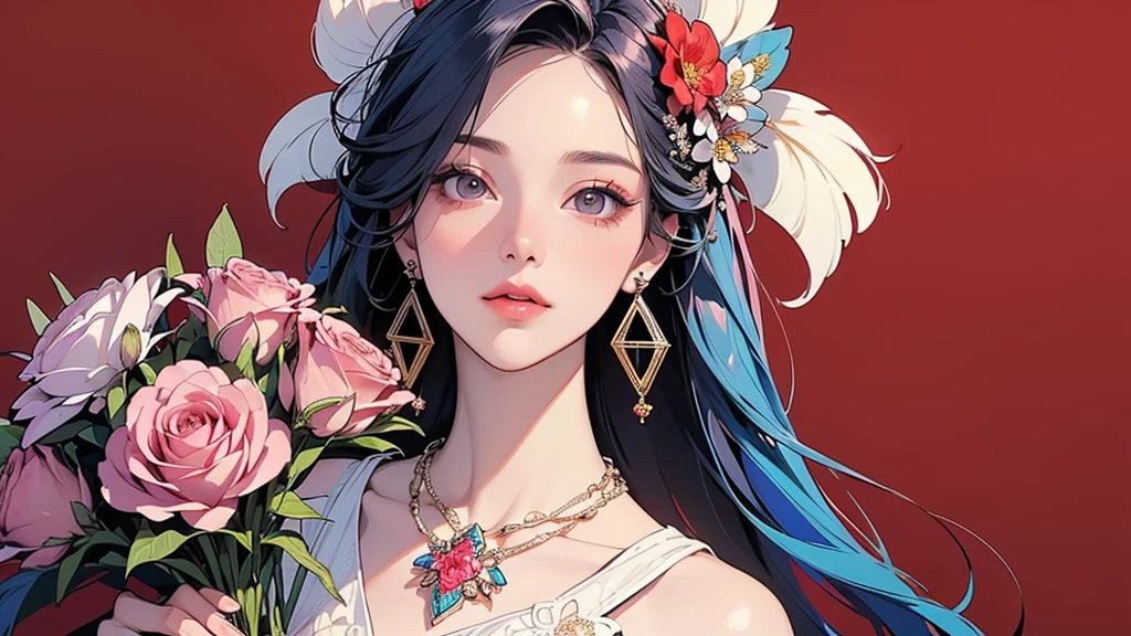 32K, 最高quality, 最高masterpiece, (ultra-Detailed Background, Detailed Background), High resolution, Super detailed, Very detailedな, One girl, (bouquet:1.3), (Tangled:1.2), (Geometric:1.2),(colorful),(masterpiece, quality, best quality, Official Art, Beautiful and beautiful:1.2), (1 girl:1.3), Very detailed,(colorful:1.1)(Flowers:1.3),Most detailed,(Tangled:1.2), whole body, (Abstract background:1.3), (Skin glows), (Many colors:1.4), ,(Earrings Jewelry:1.5), Pale Red Background,