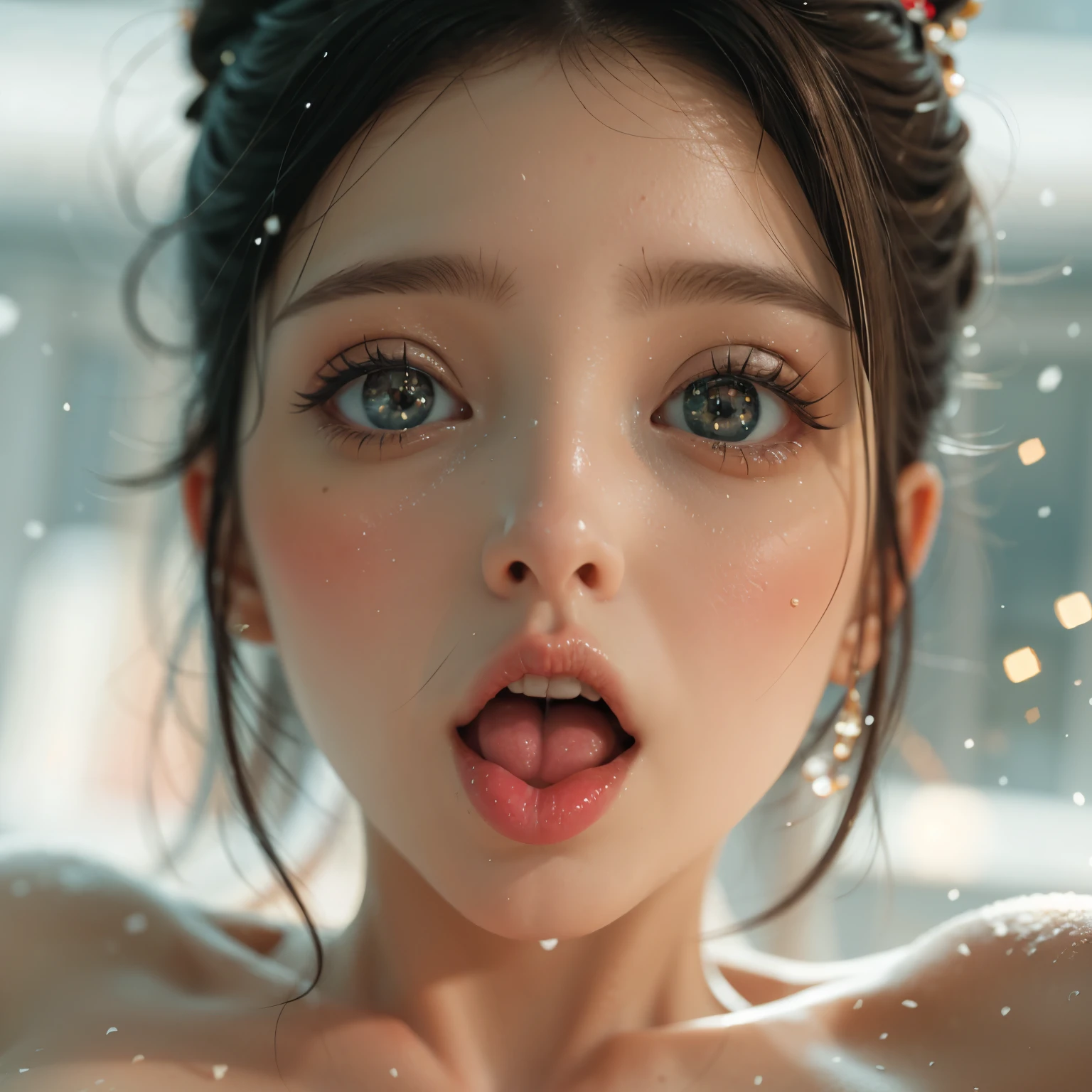 ExtremelyDetailed Kawaii girl Face,(Close-up big lips), glossy lips with beautiful details, Coquettish tongue, Kissing to camera, towards the viewer, 8K TopQuality masterpiece,an extremely delicate and beautiful (ProfessionalPhoto:1.37), {Amazing|finely detail|official art|incredibly absurdres},ultra-detailed close-up shot, close up, (fish eye lens), wide lens, macro lens, Detailed reflective Eyes ElaboratePupils with (sparkling highlights:1.28) (Delicate Voluminous LongEyelashes:0.88), {(Tilted face:1.22)|Visible back of throat|saliva drips|naked shoulder}, (Dripping juice on tongue:1.18) snow particles
