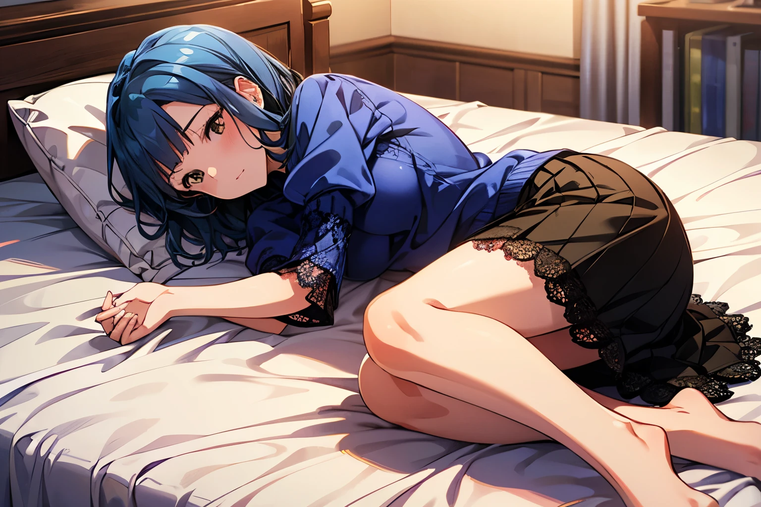 yuriko nanao (million live), 1 girl, Solo, Best Quality, masterpiece, 8K, High resolution, Ultra-detailed, madeon, lying on the bed, on side, blue sweater, high neck sweater, puffy sleeves, short sleeves, necklace, long skirt, (((lacy skirt, white skirt))), barefoot, in hotel,