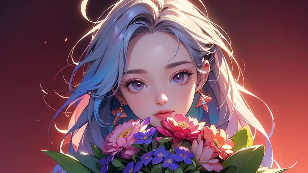 32K, 最高quality, 最高masterpiece, (ultra-Detailed Background, Detailed Background), High resolution, Super detailed, Very detailedな, One girl, (bouquet:1.3), (Tangled:1.2), (Geometric:1.2),(colorful),(masterpiece, quality, best quality, Official Art, Beautiful and beautiful:1.2), (1 girl:1.3), Very detailed,(colorful:1.1)(Flowers:1.3),Most detailed,(Tangled:1.2), whole body, (Abstract background:1.3), (Skin glows), (Many colors:1.4), ,(Earrings Jewelry:1.5), Pale Red Background,