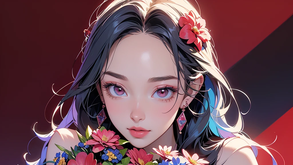 32K, 最高quality, 最高masterpiece, (ultra-Detailed Background, Detailed Background), High resolution, Super detailed, Very detailedな, One girl, (bouquet:1.3), (Tangled:1.2), (Geometric:1.2),(colorful),(masterpiece, quality, best quality, Official Art, Beautiful and beautiful:1.2), (1 girl:1.3), Very detailed,(colorful:1.1)(Flowers:1.3),Most detailed,(Tangled:1.2), whole body, (Abstract background:1.3), (Skin glows), (Many colors:1.4), ,(Earrings Jewelry:1.5), Pale Red Background,