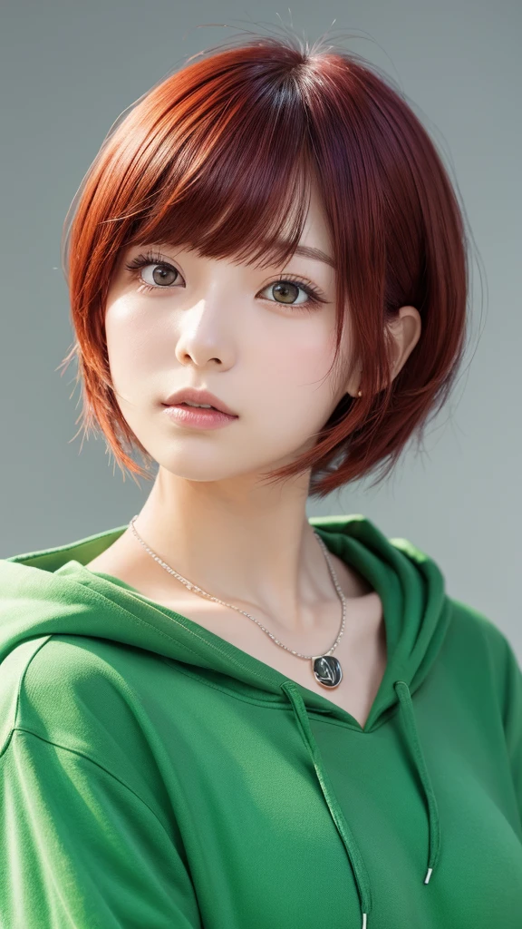 Japanese anime style、Berry Short Cut、One man、Hair color is green、Partly red hair、necklace、hoodie、High resolution, bangs, Simple Background,