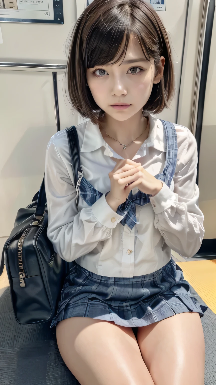 (High school girl sitting on a seat in a Japanese train:1.2、sit in a train seat、Face to face)、((school uniform、White blouse、(Navy blue checkered pleated skirt:1.2)、Navy blue socks、loafers、Detailed white panties、Over the knee socks、Absolute area)、(Sports Bags、The straps of the bag pass between the chest、Paisura:1.5)、(Realistic、Like a photograph、Live Action、8k, Realistic, RAW Photos, Best image quality: 1.4), Single-lens reflex camera、RAW Photos, Highest quality, Realistic, Highly detailed CG Unity 8k wallpaper, Written boundary depth, Cinematic Light, Lens flare, Ray Tracing, Realistic background、((ultra high density skin))、 16 year old girl after school,Cute Japanese Girl、(whole body:1.5)、Very detailedな顔，avert your eyes:1.1、(short hair:1.2、Short hair fluttering in the wind:1.4)、I like that style、stylish、Very detailed、Pay attention to the details、Perfect outfit、(Sunburned skin)、View from above、Accurate hands、Accurate legs、Detailed hands and fingers、Anatomically correct body、Thin legs、Thin thighs、Small breasts、Very detailedな顔