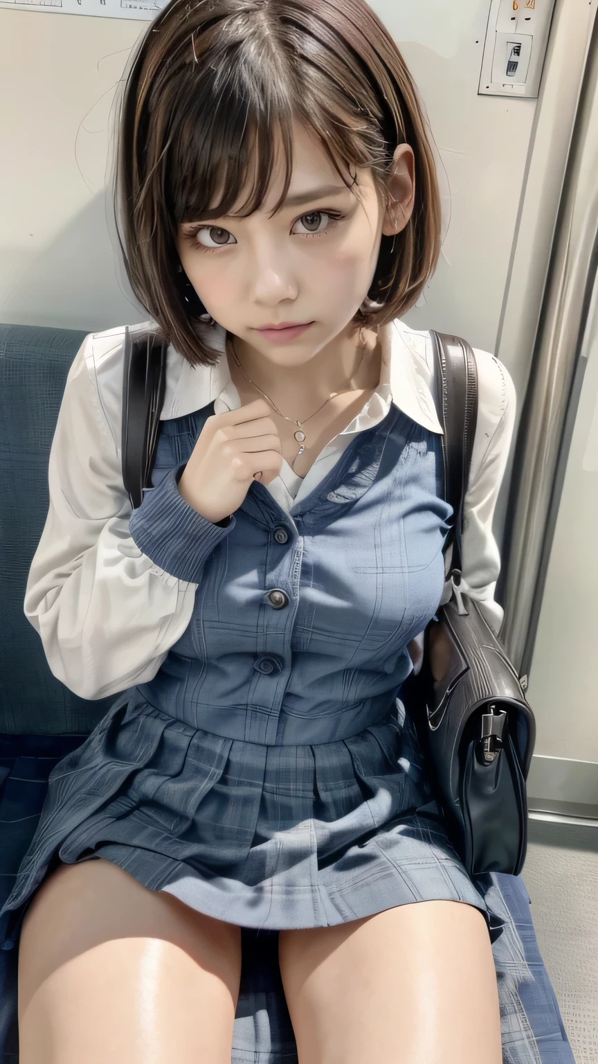 (High school girl sitting on a seat in a Japanese train:1.2、sit in a train seat、Face to face)、((school uniform、White blouse、(Navy blue checkered pleated skirt:1.2)、Navy blue socks、loafers、Detailed white panties、Over the knee socks、Absolute area)、(Sports Bags、The straps of the bag pass between the chest、Paisura:1.5)、(Realistic、Like a photograph、Live Action、8k, Realistic, RAW Photos, Best image quality: 1.4), Single-lens reflex camera、RAW Photos, Highest quality, Realistic, Highly detailed CG Unity 8k wallpaper, Written boundary depth, Cinematic Light, Lens flare, Ray Tracing, Realistic background、((ultra high density skin))、  girl after school,Cute Japanese Girl、(whole body:1.5)、Very detailedな顔，avert your eyes:1.1、(short hair:1.2、Short hair fluttering in the wind:1.4)、I like that style、stylish、Very detailed、Pay attention to the details、Perfect outfit、(Sunburned skin)、View from above、Accurate hands、Accurate legs、Detailed hands and fingers、Anatomically correct body、Thin legs、Thin thighs、Small breasts、Very detailedな顔