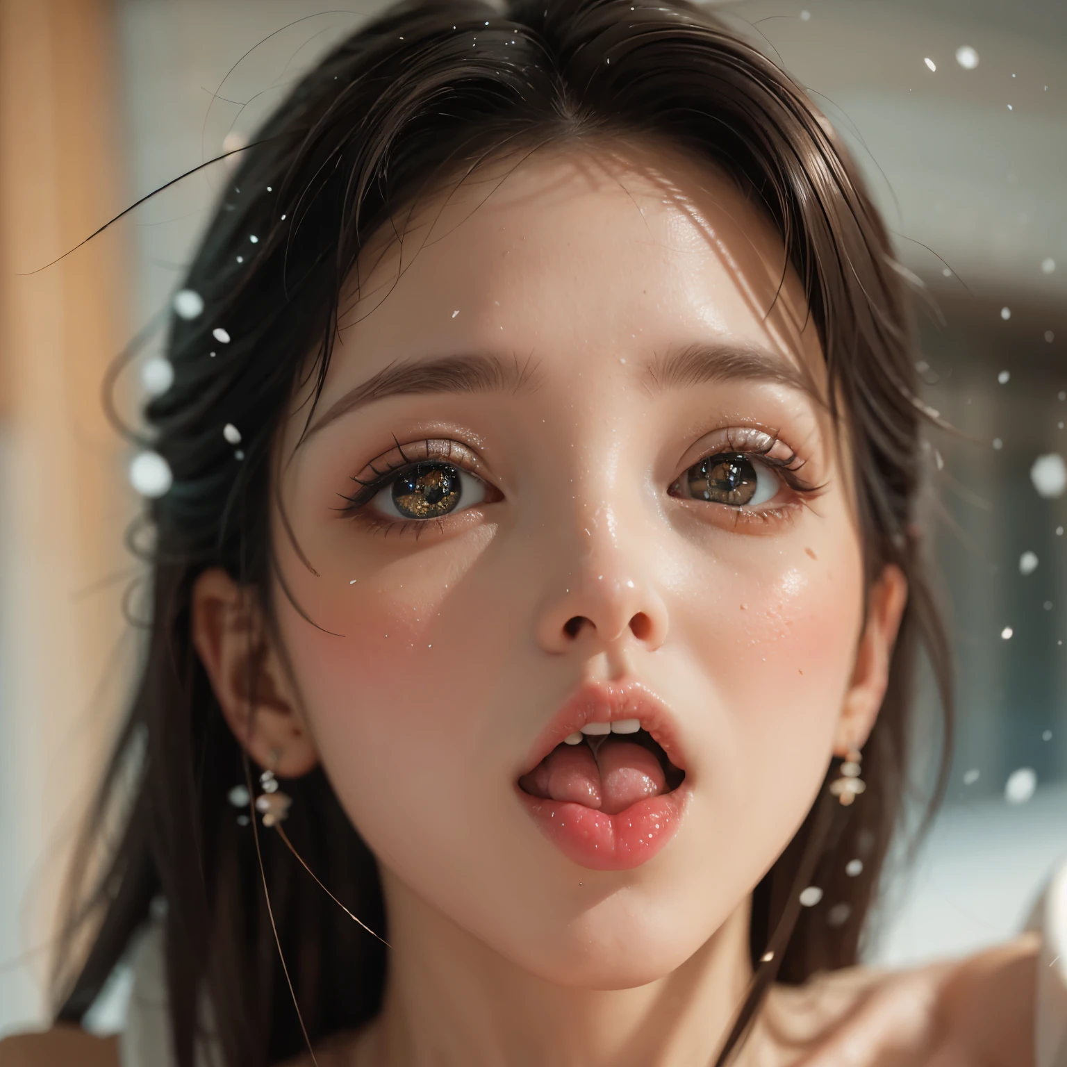 ExtremelyDetailed Kawaii girl Face,(Close-up big lips), glossy lips with beautiful details, Coquettish tongue, Kissing to camera, towards the viewer, 8K TopQuality masterpiece,an extremely delicate and beautiful (ProfessionalPhoto:1.37), {Amazing|finely detail|official art|incredibly absurdres},ultra-detailed close-up shot, close up, (fish eye lens), wide lens, macro lens, Detailed reflective Eyes ElaboratePupils with (sparkling highlights:1.28) (Delicate Voluminous LongEyelashes:0.88), {(Tilted face:1.22)|Visible back of throat|saliva drips|naked shoulder}, (Dripping juice on tongue:1.18) snow particles
