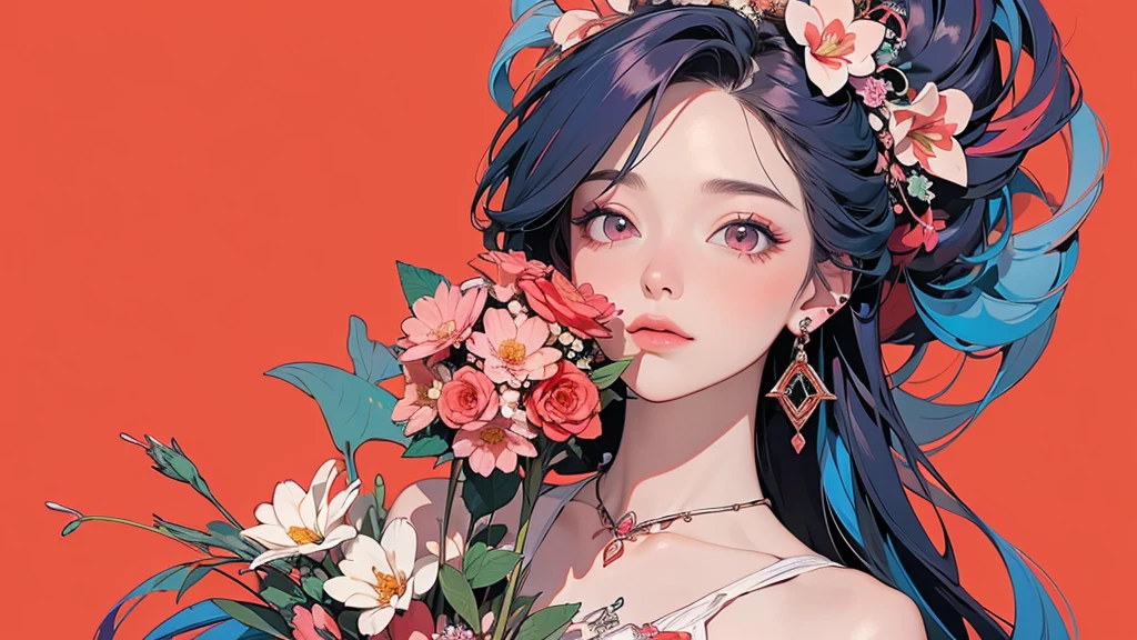 32K, 最高quality, 最高masterpiece, (ultra-Detailed Background, Detailed Background), High resolution, Super detailed, Very detailedな, One girl, (bouquet:1.3), (Tangled:1.2), (Geometric:1.2),(colorful),(masterpiece, quality, best quality, Official Art, Beautiful and beautiful:1.2), (1 girl:1.3), Very detailed,(colorful:1.1)(Flowers:1.3),Most detailed,(Tangled:1.2), whole body, (Abstract background:1.3), (Skin glows), (Many colors:1.4), ,(Earrings Jewelry:1.5), Pale Red Background,