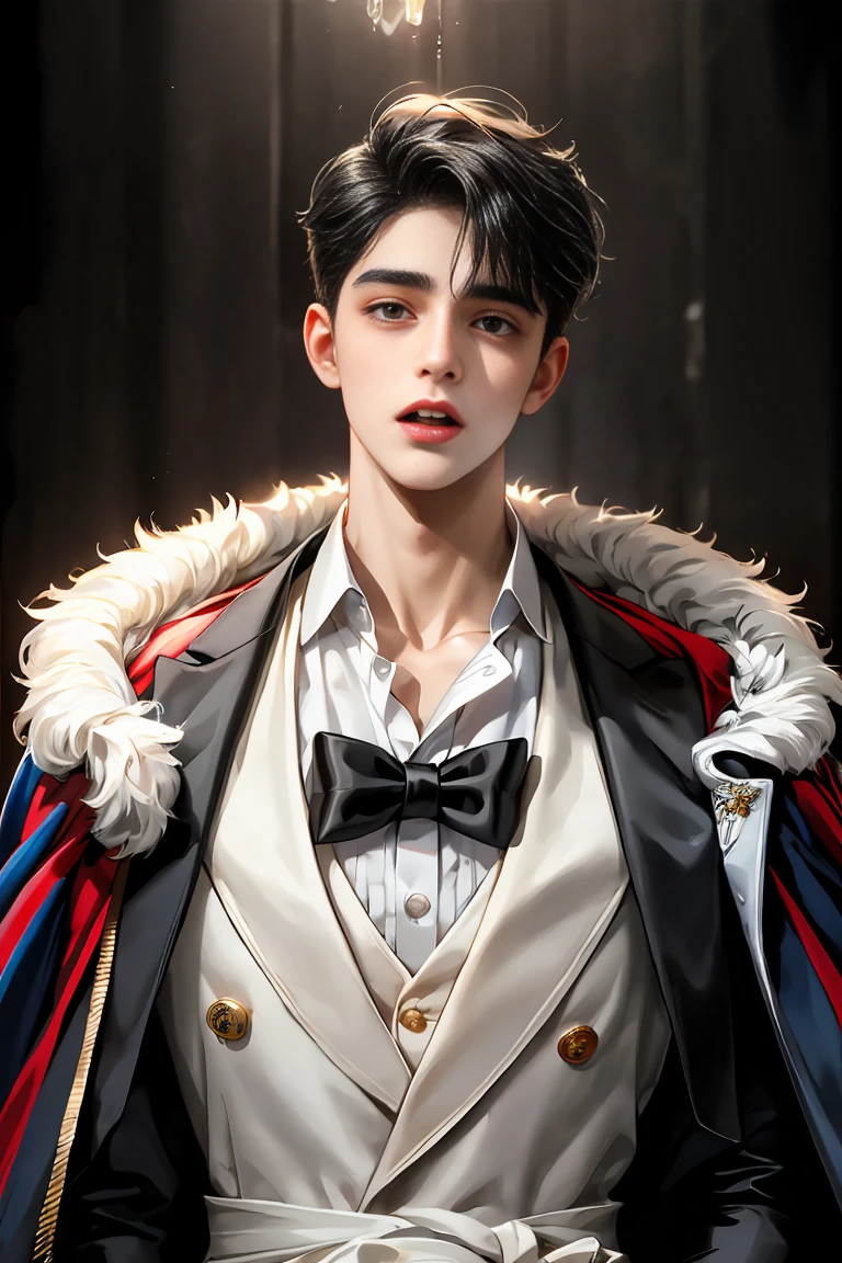 masterpiece, 最high quality, high quality, 1 boy, alone, male focus, looking at the viewer, whole body, Winning spirit_destiny, dirty black hair, blue adorable big eyes, white people, noble, noble, Noble Vampire、Classy tuxedo,A very large and long red and black cloak with a very large collar., 20-year-old,cute beautiful boy,cute cute crying face