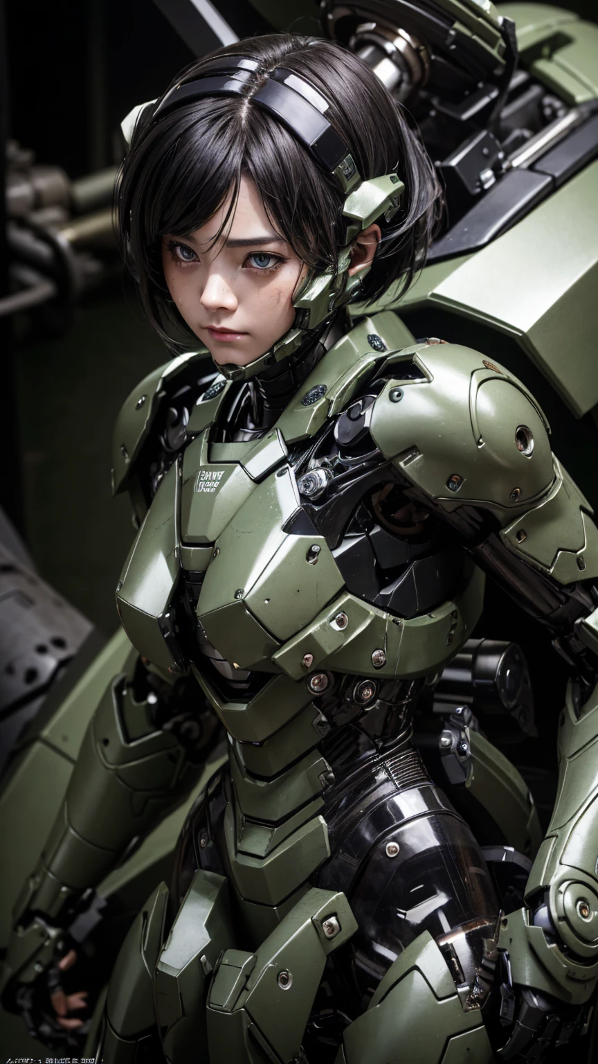 Textured skin, Very detailed, Attention to detail, high quality, 最high quality, High resolution, 1080P, hard disk, beautiful,(War Machine),beautifulサイボーグ女性,Mecha Cyborg Girl,BATTLE MODE,Girl with a mechanical body　Black Hair　Short Hair Boyish　Dark green armor　Soaked Face　Change is over　　Steam coming out of the head　((whole bodyから湯気が吹き出す)　　front　whole body