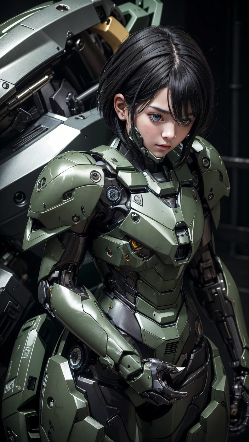 Textured skin, Very detailed, Attention to detail, high quality, 最high quality, High resolution, 1080P, hard disk, beautiful,(War Machine),beautifulサイボーグ女性,Mecha Cyborg Girl,BATTLE MODE,Girl with a mechanical body Black Hair Short Hair Boyish Dark green armor Soaked Face Change is over Steam coming out of the head ((whole bodyから湯気が吹き出す) front whole body