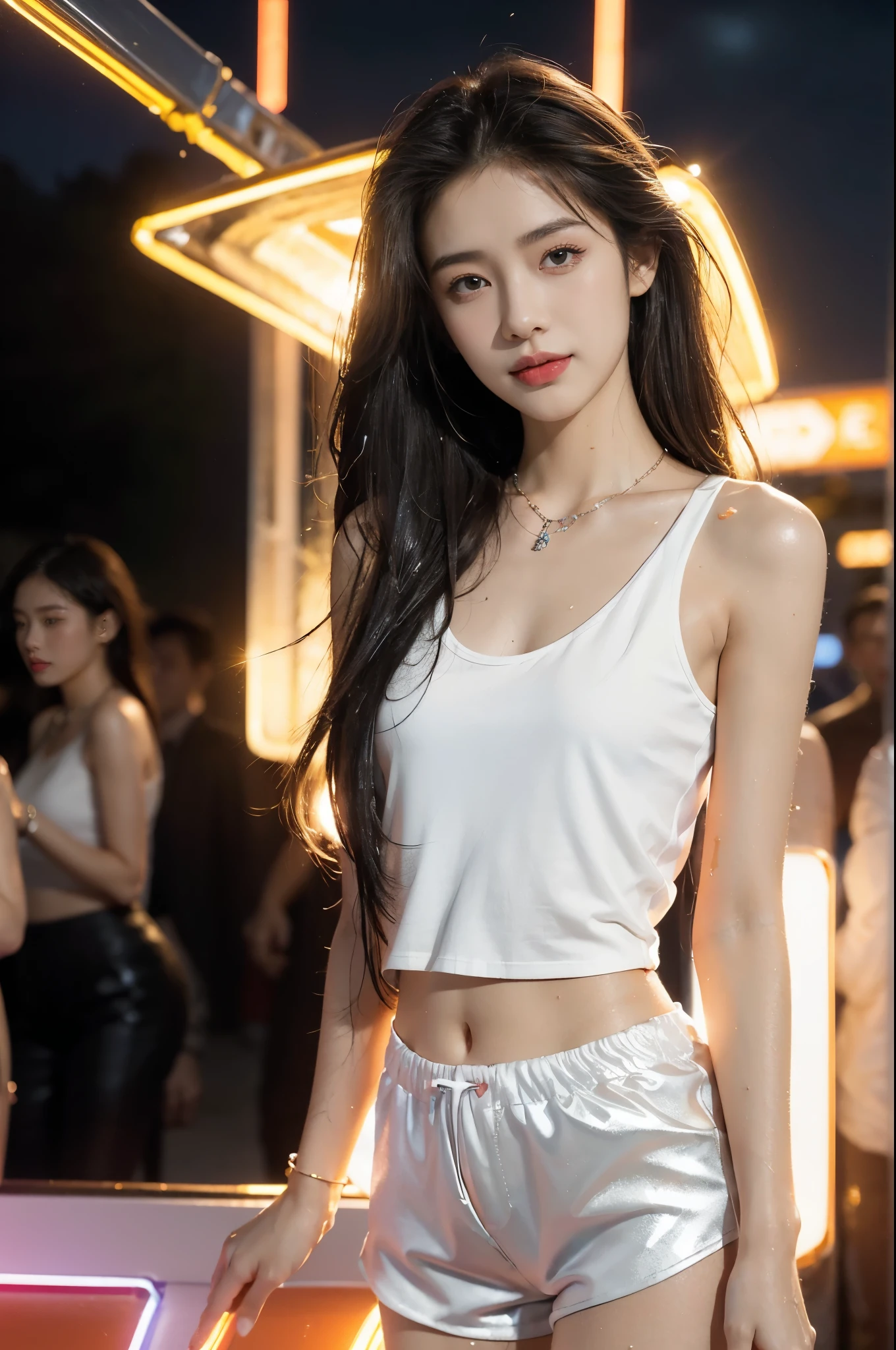 (((best quality))),(((ultra detailed))),(((masterpiece))),illustration,((1 beautiful girl,solo)),(medium straight hair:1.3),((slim,thin)),((small breasts,flat chest)),(necklace:1.2),((sweat,wet)),(white tank top:1.3),(red shorts:1.3),(slender legs:1.2),(in nightclub:1.3),(neon lights:1.3), energy,(standing:1.3),(laughing:1.2), conversation, thumping bass, sun-kissed skin, tanned legs,delicate features, grace, confidence, excitement, pulsating lights, capturing attention, vibrant atmosphere, center of attention,(summer:1.3),(night scene:1.3), adventure, frozen moment,((from front,upper body)),(surrounded by crowded crowds:1.3)