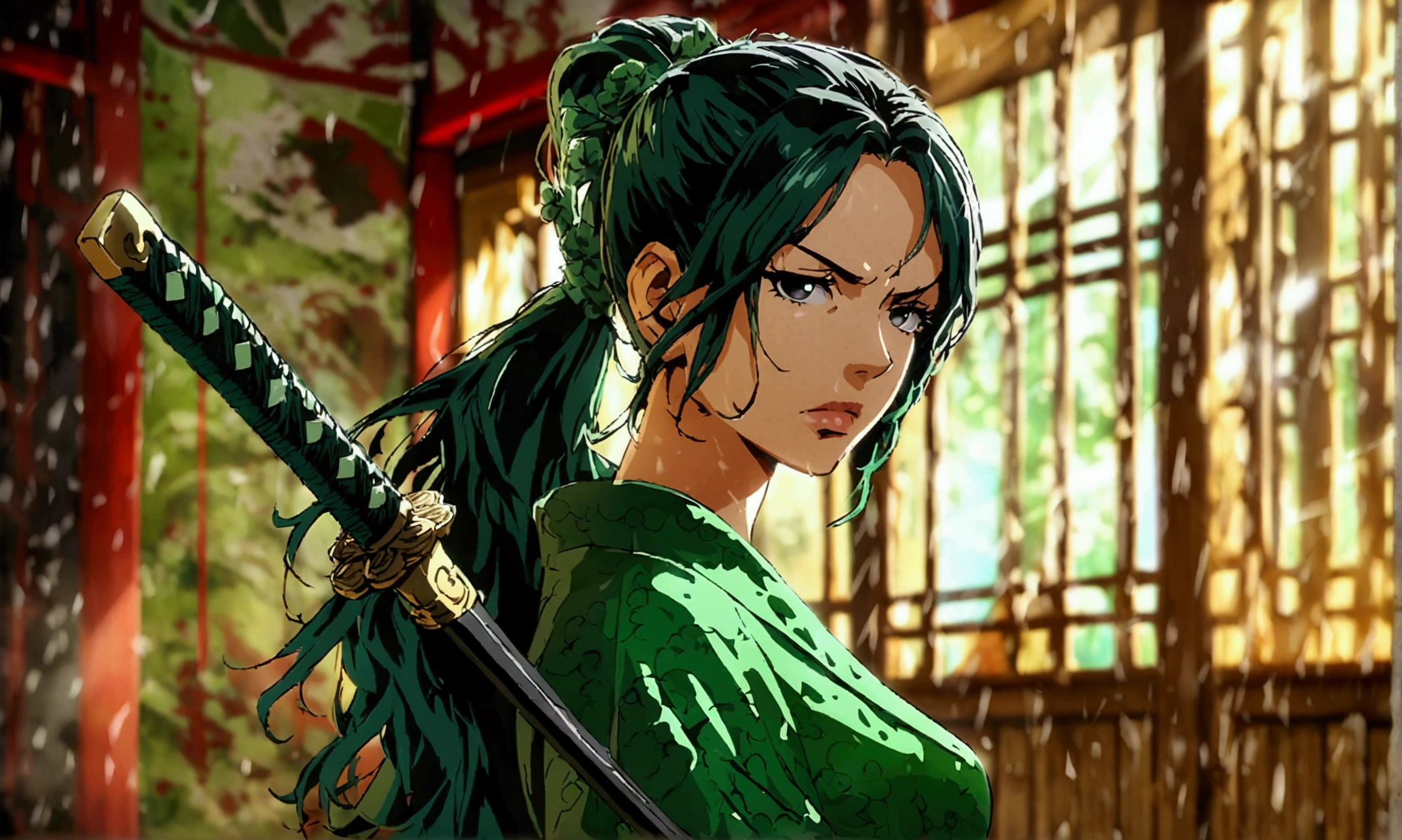 Mature woman, long dark green hair, ponytail, black eyes, green dress shirt, black dress pants, serious expression, green katana, dojo background, "Anime character design inspired by One Piece, full of dramatic and impressive lighting, focus on the centralized character, impressive face, full of creative details, ultra-fine 4K design, scenery bathed in creativity, boasting 2D anime resolution clarity, HD anime graphics, high-octane rendering"