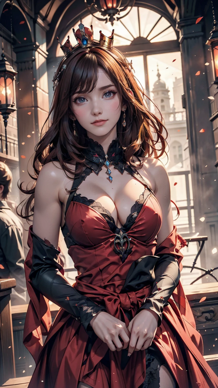 Blood-eyed Princess of Darkness, Redhead, Crown, Wicked Smile, Anime Style, Lens flare, Attention to detail, First Person View, Cinema Lighting, masterpiece, Super Detail, Highest quality, 8k, Ultra-high resolution