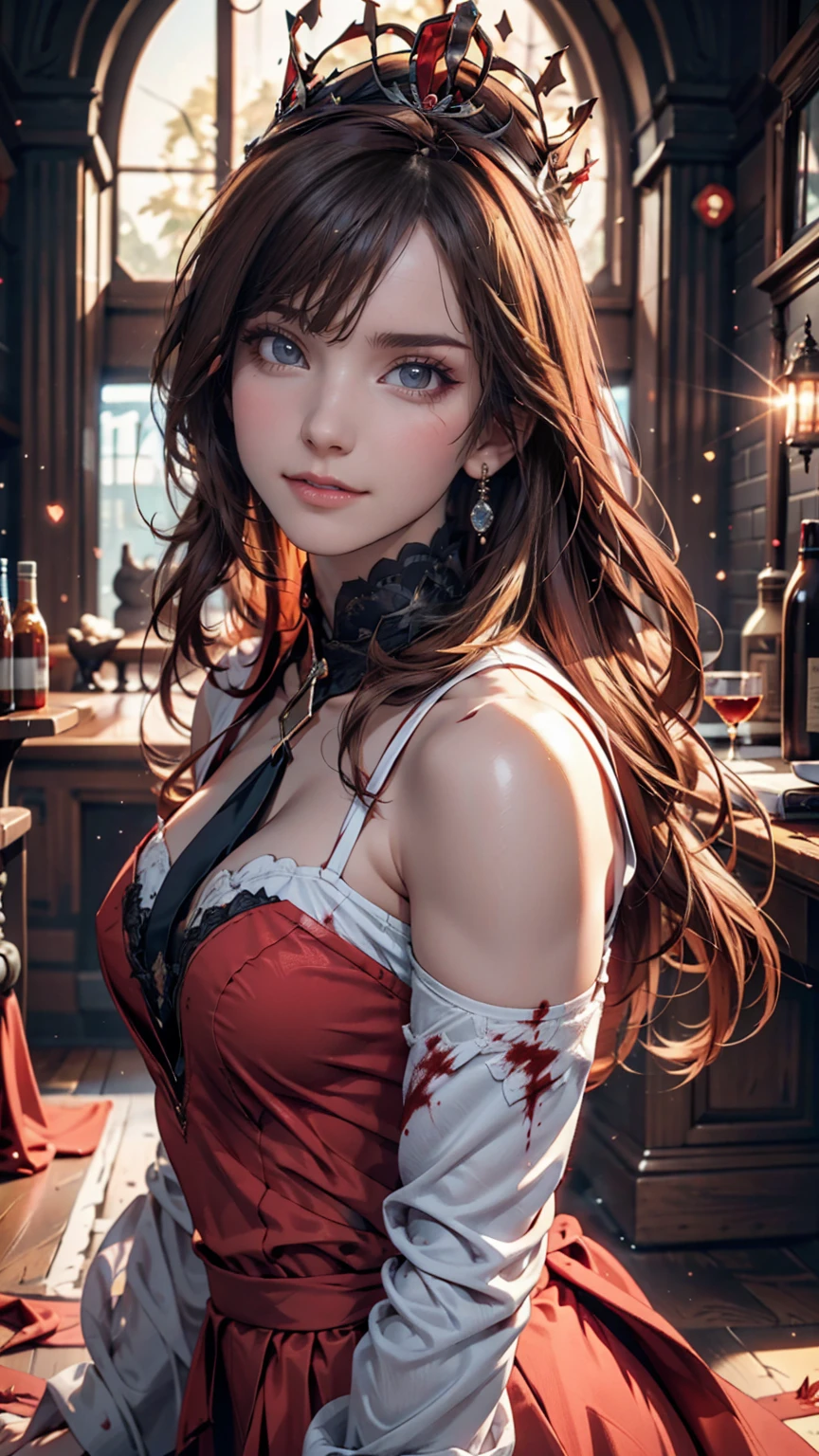 Blood-eyed Princess of Darkness, Redhead, Crown, Wicked Smile, Anime Style, Lens flare, Attention to detail, First Person View, Cinema Lighting, masterpiece, Super Detail, Highest quality, 8k, Ultra-high resolution