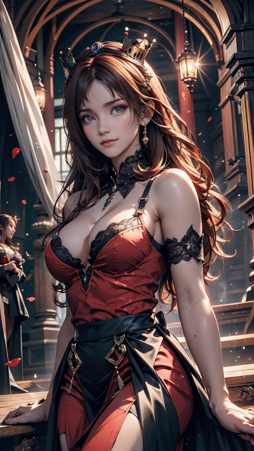 Blood-eyed Princess of Darkness, Redhead, Crown, Wicked Smile, Anime Style, Lens flare, Attention to detail, First Person View, Cinema Lighting, masterpiece, Super Detail, Highest quality, 8k, Ultra-high resolution
