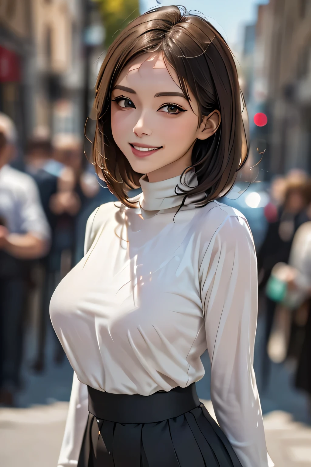 a J-pop idol wearing a turtleneck sweater, (((masterpiece))), ((Highest quality)), ((Complex)), ((surreal)), Bakares, (Mature Woman), ((peerless)), Very detailed, 1 girl, ((Big Breasts)), Beautiful and detailed, Brunette Short Hair, Brown eyes, (turtleneck:1.2), (Tight Skirt), (background: underground), Detailed background, choker, Perfect Eyes, Captivating eyes, Looking at the audience