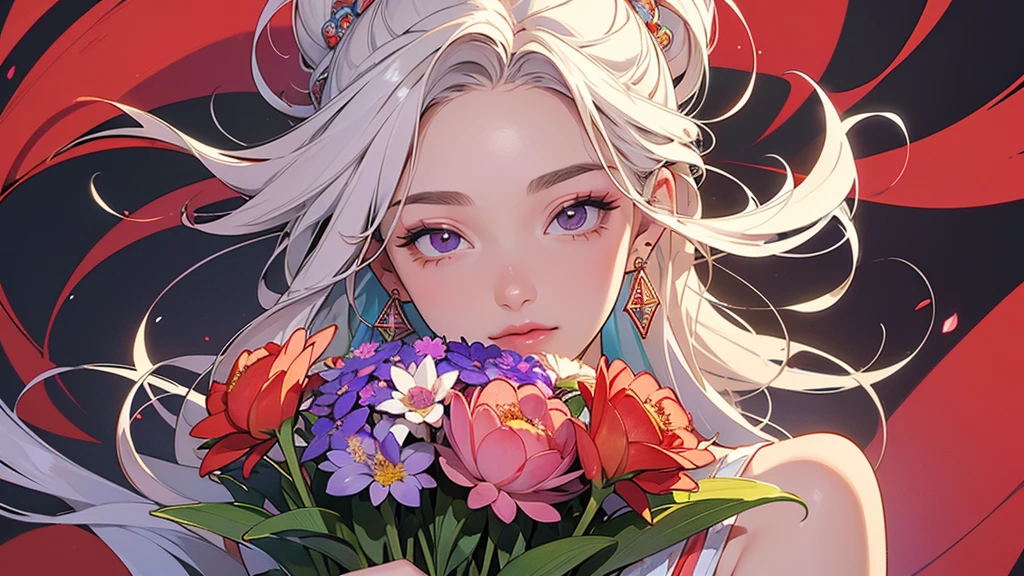 32K, 最高quality, 最高masterpiece, (ultra-Detailed Background, Detailed Background), High resolution, Super detailed, Very detailedな, One girl, (bouquet:1.3), (Tangled:1.2), (Geometric:1.2),(colorful),(masterpiece, quality, best quality, Official Art, Beautiful and beautiful:1.2), (1 girl:1.3), Very detailed,(colorful:1.1)(Flowers:1.3),Most detailed,(Tangled:1.2), whole body, (Abstract background:1.3), (Skin glows), (Many colors:1.4), ,(Earrings Jewelry:1.5), Pale Red Background,