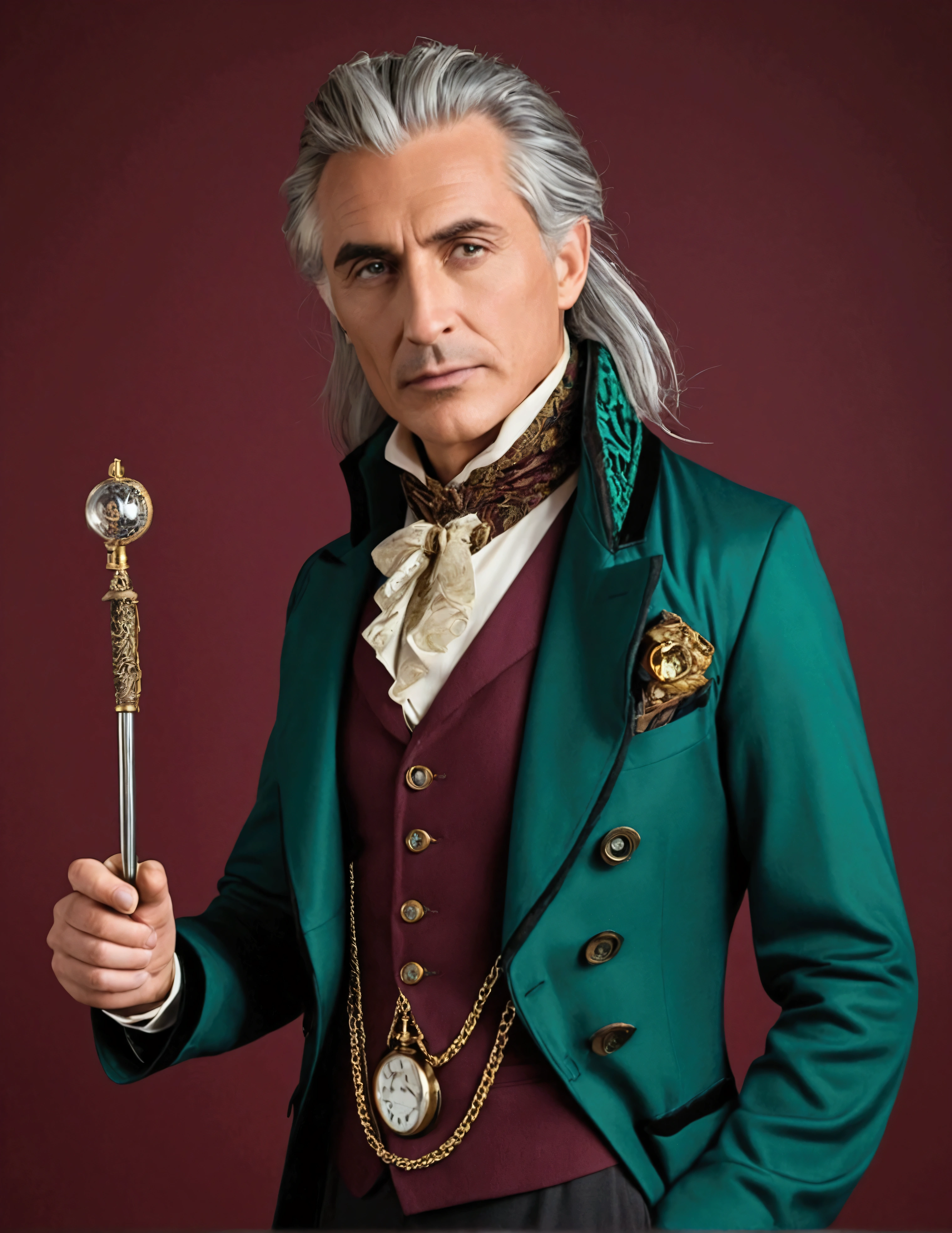 The figure stands tall and imposing, with a lean build suggesting both agility and age. Their face is angular, with piercing eyes that convey wisdom beyond human years. They have tousled gray hair that seems to defy gravity, giving them an eccentric air. The figure wears an outfit that's a mix of Victorian and futuristic elements: 1. A long, high-collared coat in a deep burgundy color, with subtle swirling patterns embroidered in gold thread. 2. Underneath, a waistcoat in a contrasting emerald green, adorned with brass buttons and a pocket watch chain. 3. A crisp white shirt with a ruffled collar peeking out at the neck. 4. Dark trousers tucked into tall, well-worn leather boots. 5. Around their neck, an unusually long scarf in various shades of blue, its ends trailing dramatically behind them. 6. In one hand, they hold a strange device - part wand, part screwdriver, emitting a soft green glow. Their posture is defiant, chin raised slightly, conveying a sense of authority and determination in the face of danger. Despite the chaos around them, there's a hint of a smile playing at the corners of their mouth, suggesting a love for adventure.