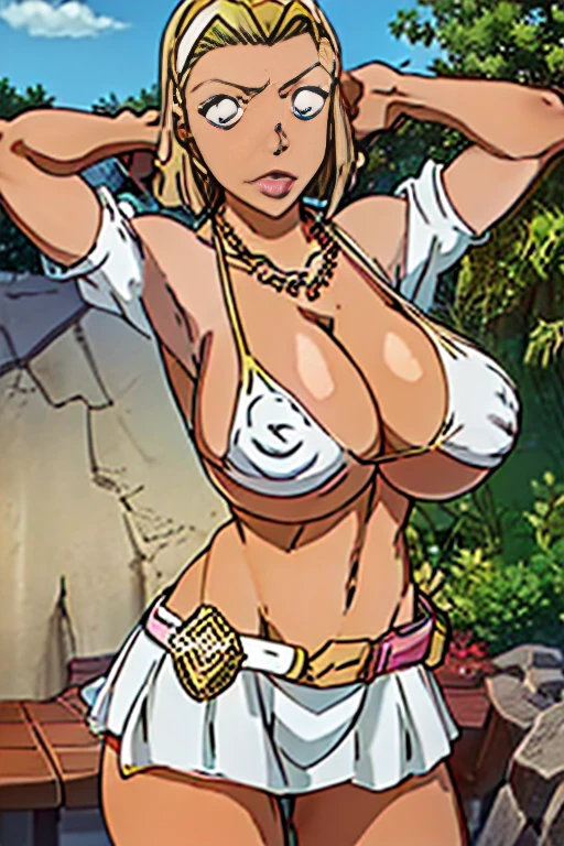 (((Actual Photos,High resolution, 8kHighest quality))),Very detailedな CG Unity 8k 壁紙, Highest quality, Very detailed, Tabletop, Realistic,Very detailedなMature Woman,Mature Woman, ((Huge breasts))Big cleavage ,Big Ass,Big Ass,Thick thighs,Saggy breasts,Narrow waist,Wide Hips,(((Off-the-shoulder bikini top:1.2)))、 (Apron Golf Mini Skirt) , (Wearing golf gloves),Wear a sun visor, Beautiful Eyes, ((The shape of the nipples is visible even through clothing))、Realistic female hands、audience, blush,A light smile, Lips parted, cowboy shot、 Tight golf wear、With your tongue firmly up、Muchimuchi Body,Hard nipples,Nipples are visible,(((ボタンが閉まらないほどHuge breasts)))、Thick thighs、(One Woman)、Tight mini skirt,(((Off-the-shoulder bikini top)))、Big Breasts、Long legs,Knee-high boots、(((Random Pause)))、Golf course、(Full body photo),Golf Tournament、Vulgar female professional golfer, 、(((Gold Necklace:1.4)))、(((Gold bejeweled stone gal belt:1.4))),(((Blonde Hair、Dark tanned skin、Brown skin:1.2)))