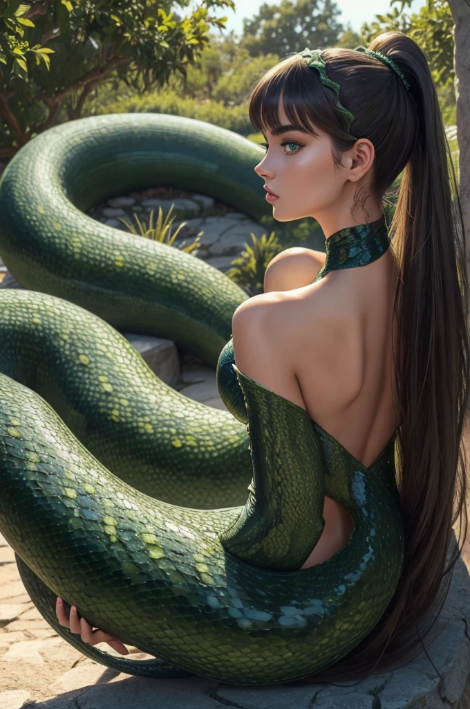 Megan Williams, ultra detailed face, ultra detailed green eyes, hair bangs ponytail, (side view), (((lamia, masterpiece)))