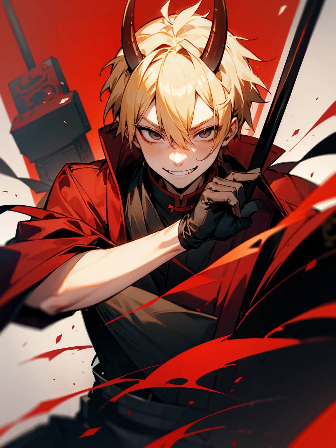 1male, blonde hair. black eyes, oni horn, red yukata, gloves, evil smile