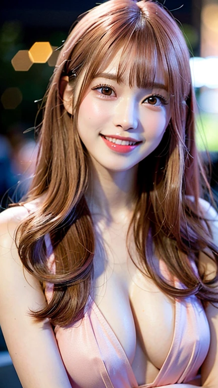 Highest quality, masterpiece, Ultra-high resolution, (Realistic:1.4), (Close-up portrait) RAW Photos, 1 girl, 22 years old,Slender body,Large Breasts,((Long pink hair with straight bangs)),((Looking up at the audience)), Realistic pictures, ((Small breasts)),((Smiling with teeth showing)),Cleavage,wearing a black gown, Eiffel Tower in the background, Night view、whole body