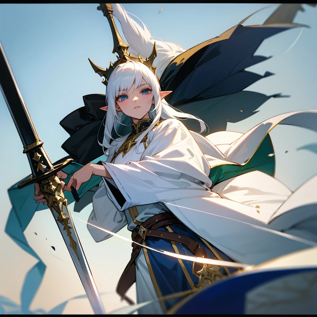 A Female Elf royal Knight with a white hair holding a legendary sword anime style