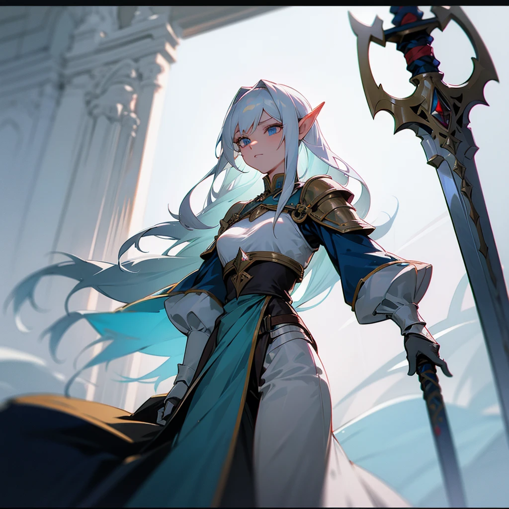 A Female Elf royal Knight with a white hair holding a legendary sword anime style