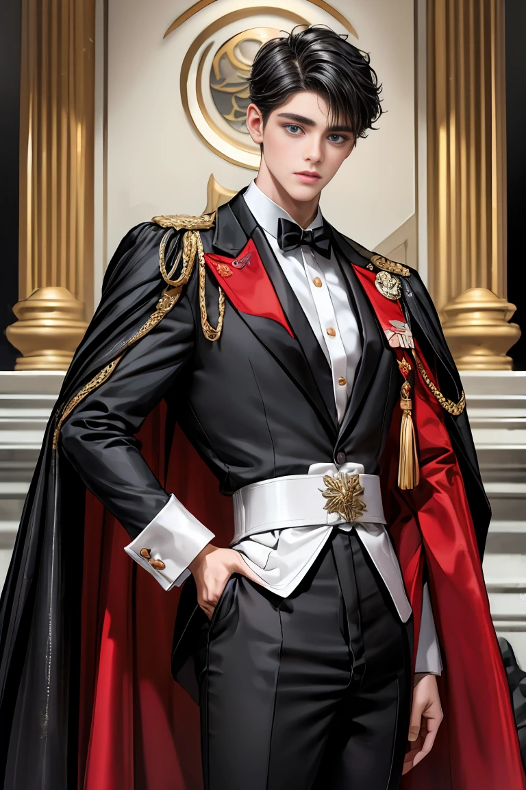 masterpiece, 最high quality, high quality, 1 boy, alone, Male focus, Watching the audience, Messy black hair, Adorable big blue eyes, White, Noble, Noble,A sexy, voluminous, puffy cape、tuxedo、A very voluminous, large, very large, very large, long, long red and black cape with a high stand-up collar, made of a lot of fabric that reaches down to the floor., 17 years old,Cute beautiful boys,Cute, cute, kind, handsome guy