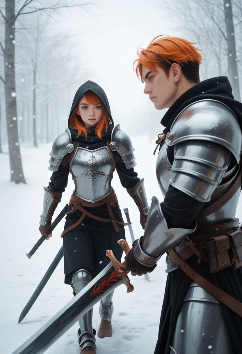1 woman, orange hair, green eyes, nordic armor, 1 boy, black hair, black hood and armor, wielding black sword, snowy background, book cover, anime, 4k, hd
