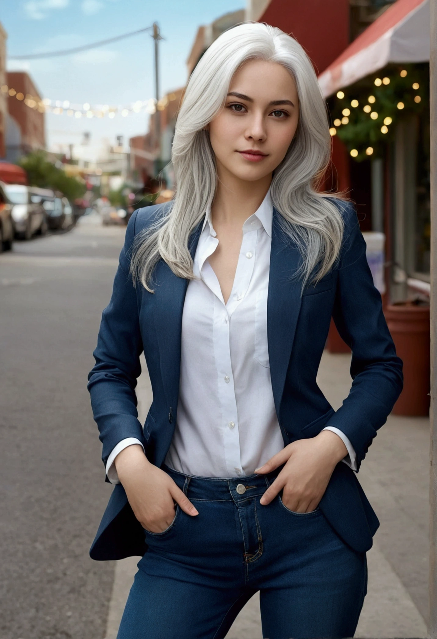 realistic, high resolution, 1 woman, alone, Medium hips, Look at the viewer., (detailed face), white hair, long hair, Wear jeans on the street, decorations,Wear a suit, Office Girl